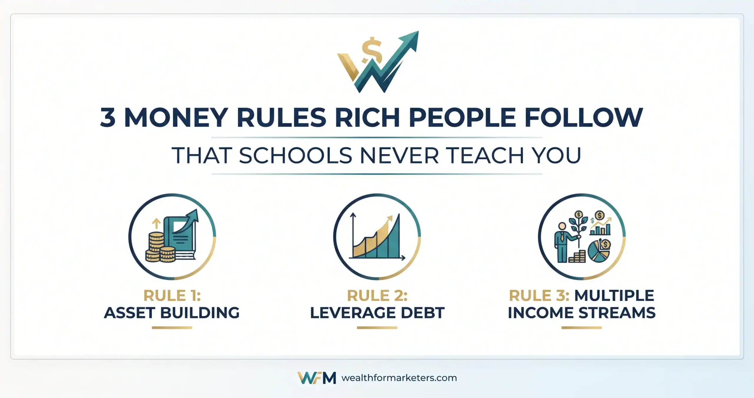Successful entrepreneur reviewing wealth building strategies and money rules on a laptop.