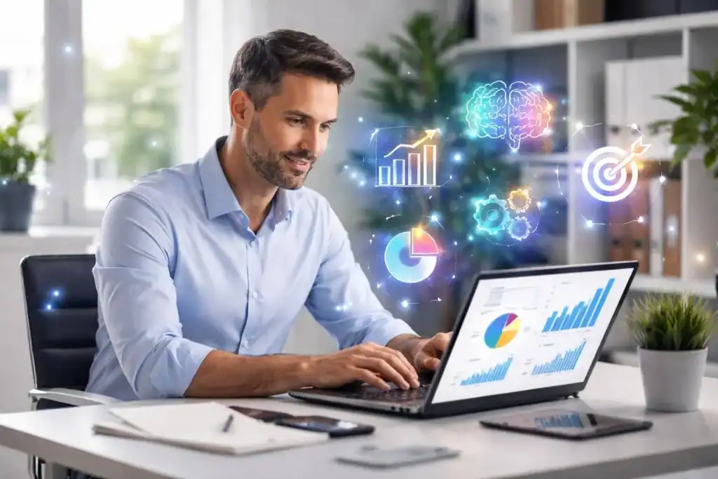 Entrepreneur using AI tools on a laptop to create online income opportunities and grow a digital business.