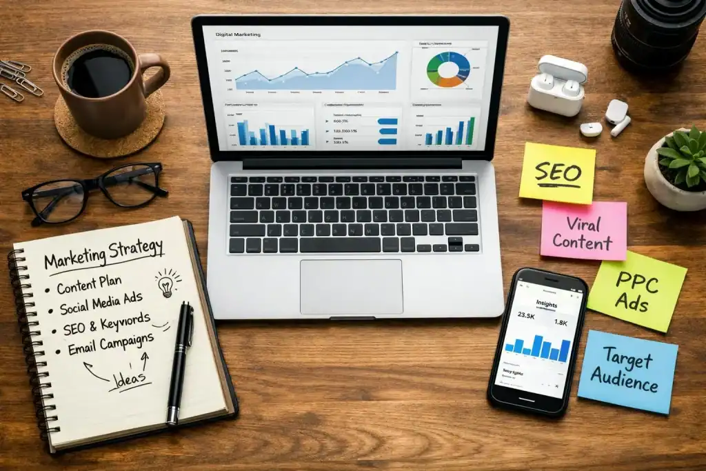 Entrepreneur building a first digital income stream using a laptop, online business tools, and digital marketing strategies